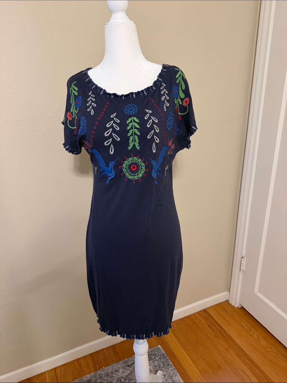 Desigual Navy Embroidered Short Sleeve Dress with Multicolor Floral Motifs